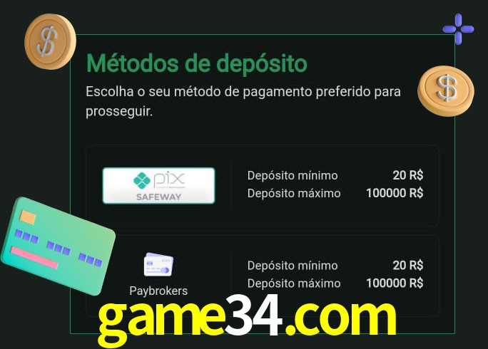 O cassino game34.com oferece uma grande variedade de métodos de pagamento